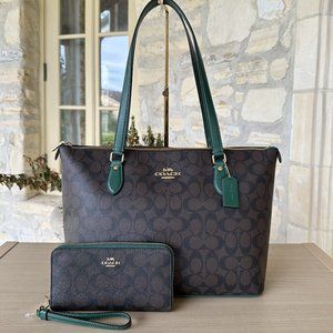 Coach Gallery Signature Tote Handbag/Wallet Option Dark PINE NWT Authentic
